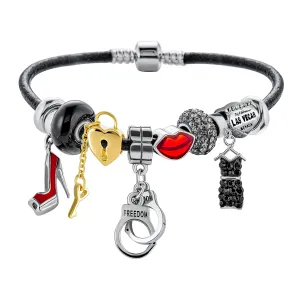 Hot Wife Partners in Crime Heart Charm Bracelet Black Leather Sterling Silver 6.5-8"