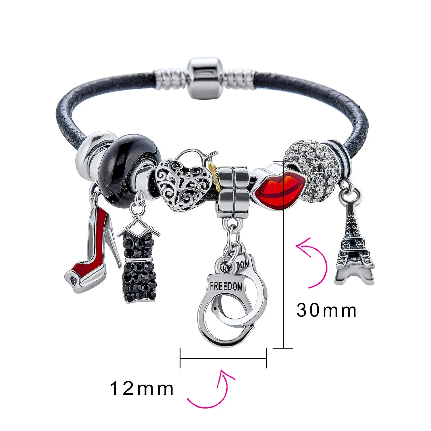 Hot Wife Partners in Crime Heart Charm Bracelet Black Leather Sterling Silver 6.5-8"