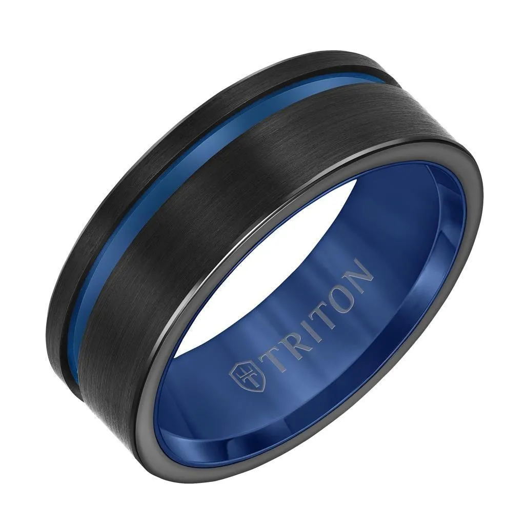 ISLEY TRITON Black Tungsten Carbide Ring with Satin Finish and Asymmetrical Blue Cut 8mm