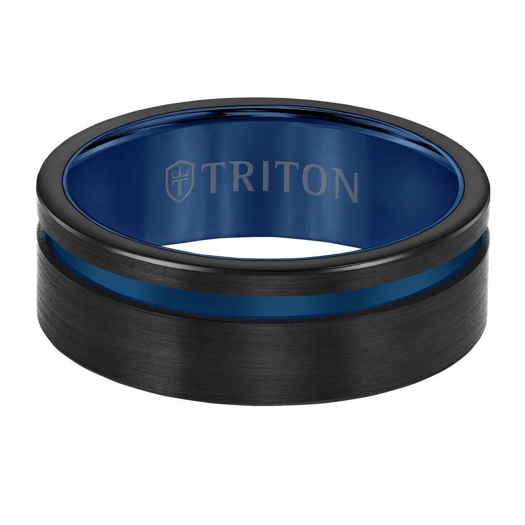 ISLEY TRITON Black Tungsten Carbide Ring with Satin Finish and Asymmetrical Blue Cut 8mm