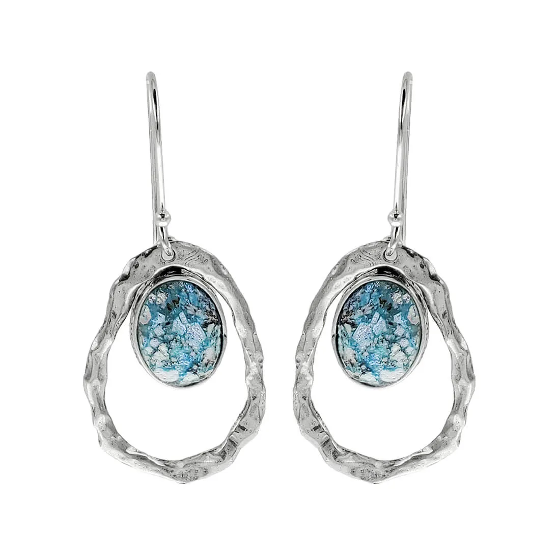 Israeli Roman Glass Hammered Open Frame Earrings