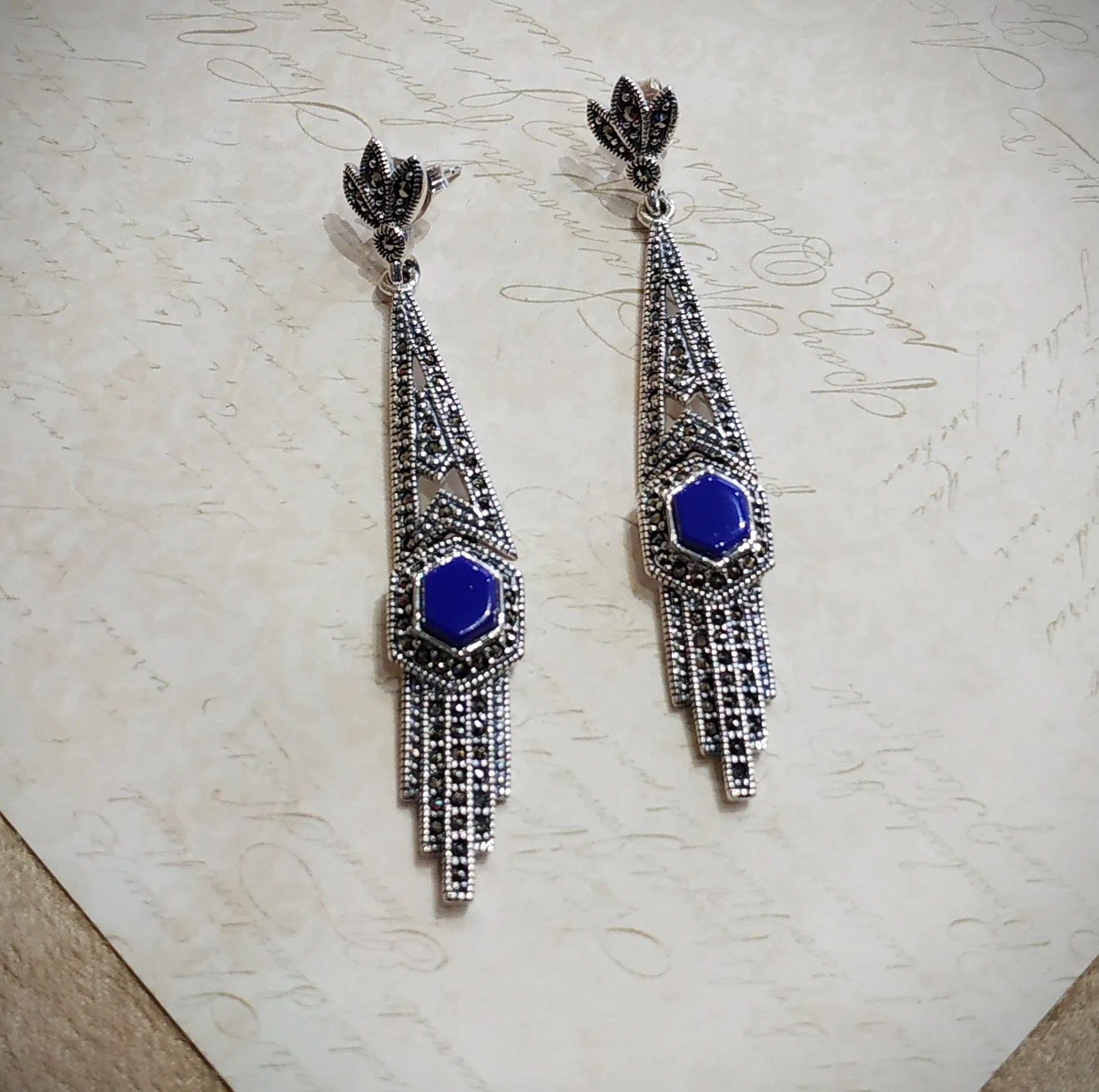 Lapis Lazuli Art Deco Articulated Earrings in Silver