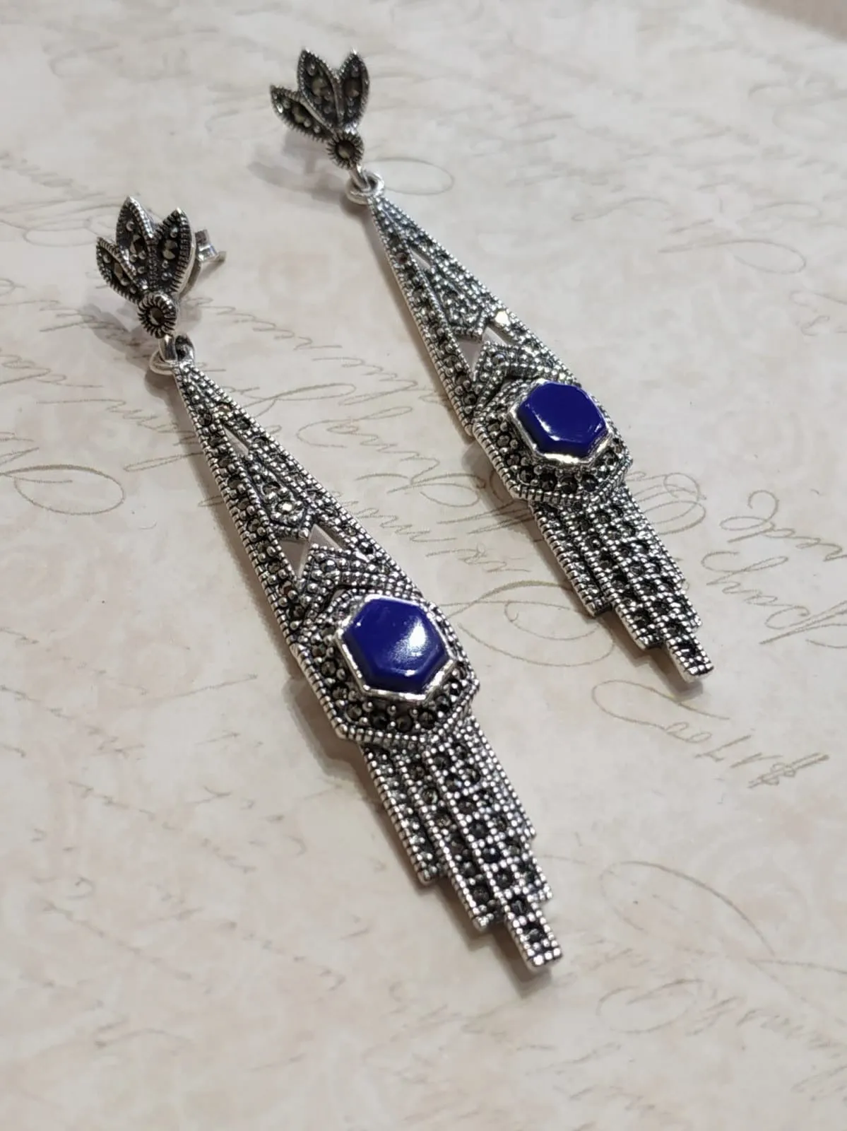 Lapis Lazuli Art Deco Articulated Earrings in Silver