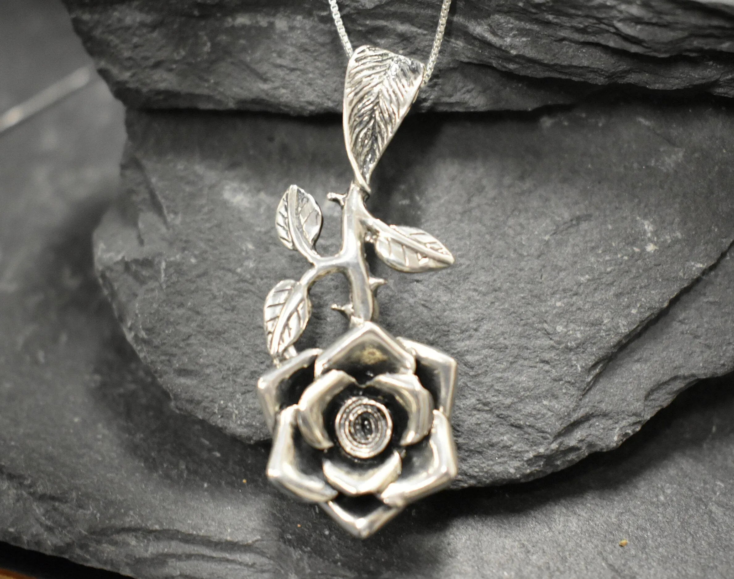 Large Rose Pendant - Long Flower Necklace - Rose Branch Necklace