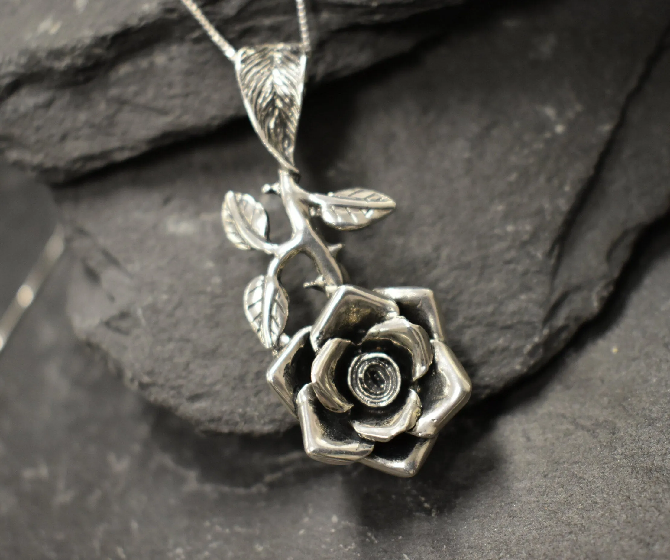 Large Rose Pendant - Long Flower Necklace - Rose Branch Necklace