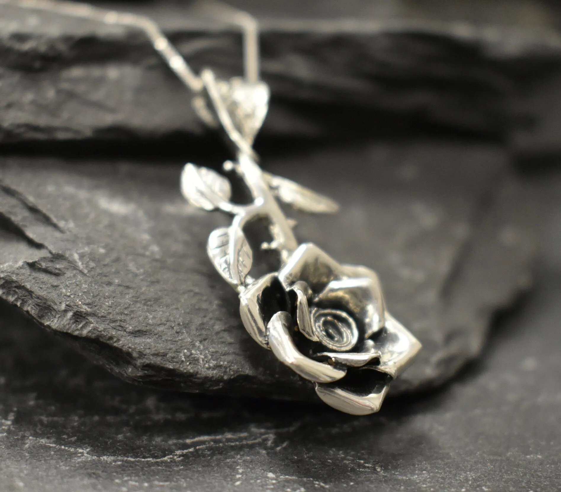 Large Rose Pendant - Long Flower Necklace - Rose Branch Necklace