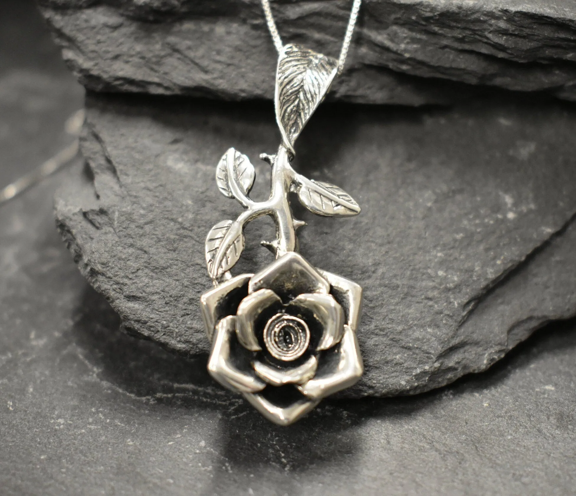 Large Rose Pendant - Long Flower Necklace - Rose Branch Necklace