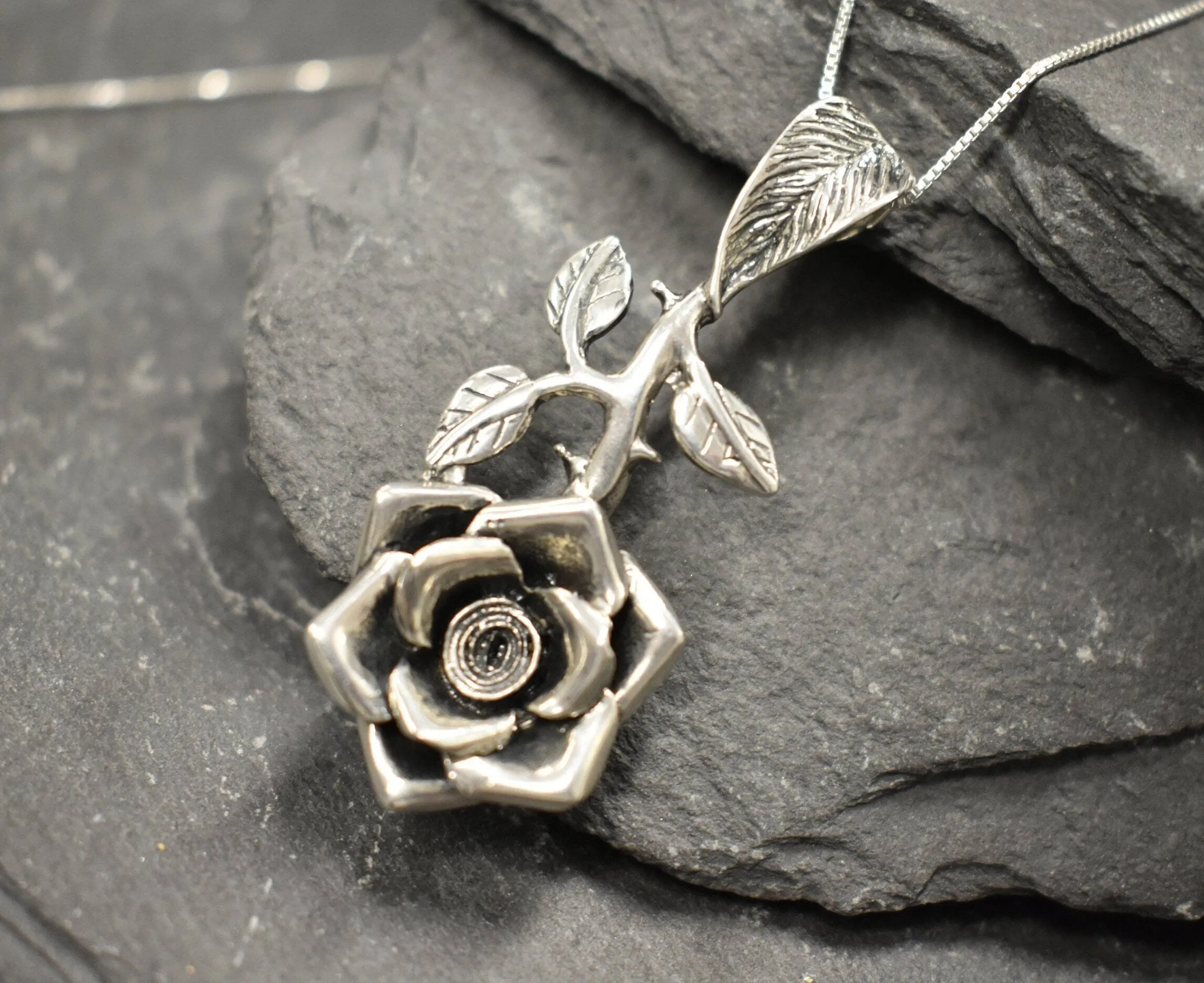 Large Rose Pendant - Long Flower Necklace - Rose Branch Necklace