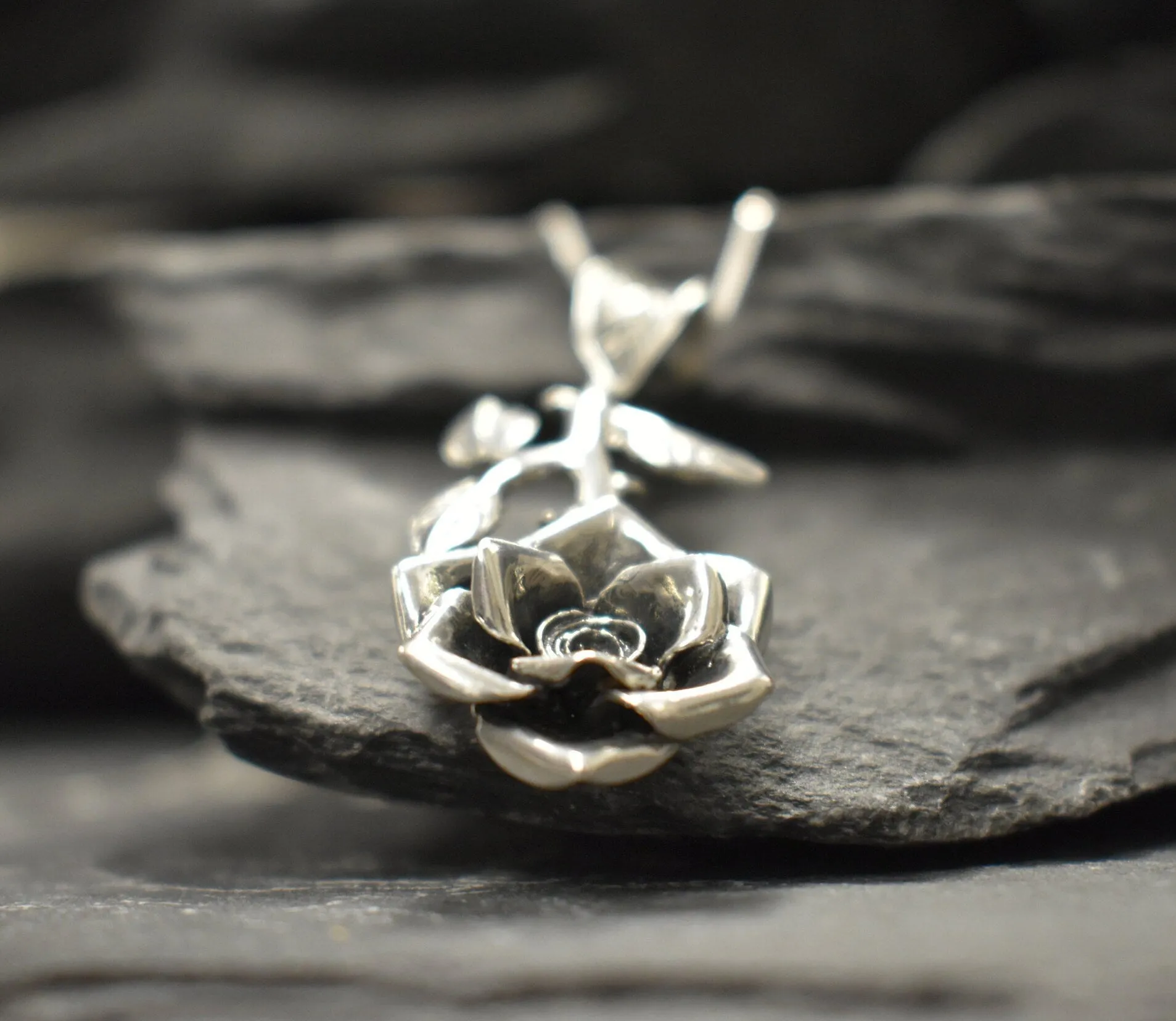 Large Rose Pendant - Long Flower Necklace - Rose Branch Necklace