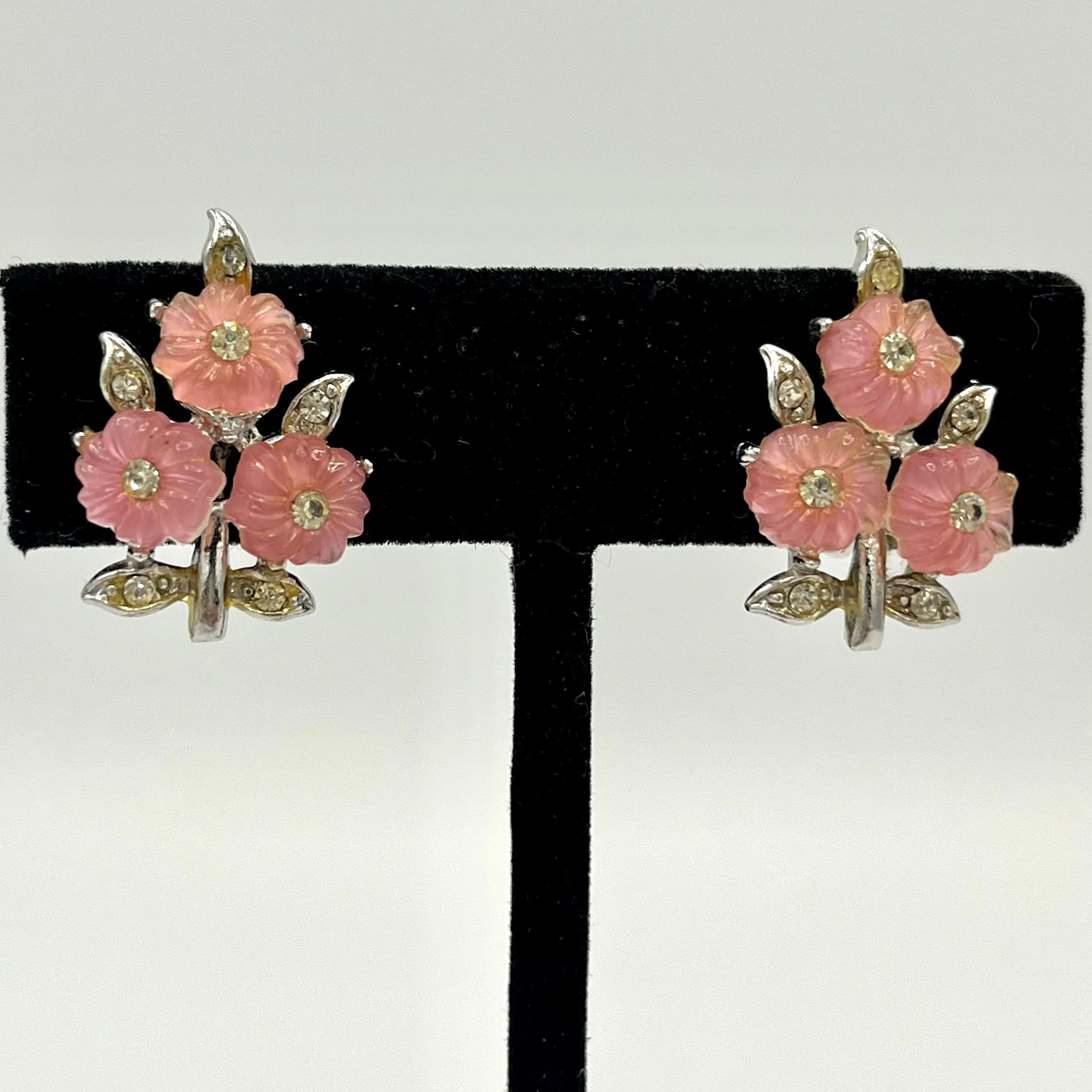 Late 50s/ Early 60s Rhinestone & Lucite Flower Earrings