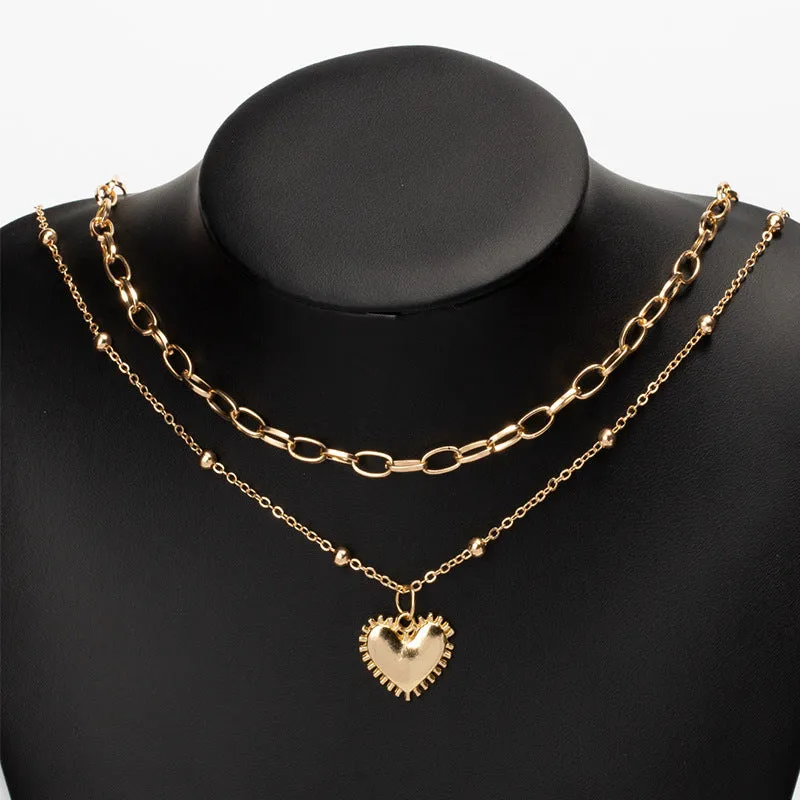 Layered Gold-Plated Heart Pendant Necklace with Chain Link Design – Trendy and Elegant Jewelry-jltn0525