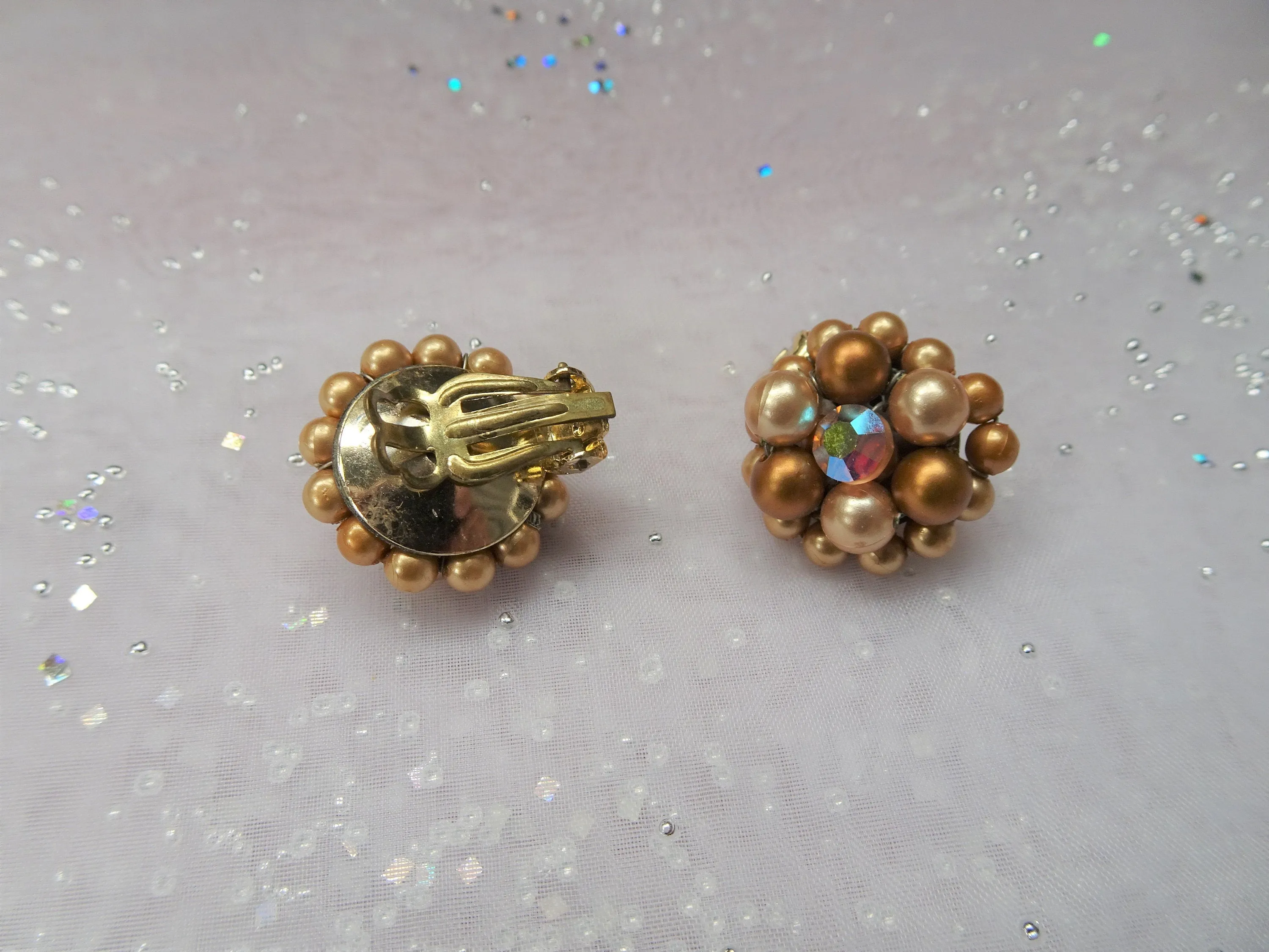 LOVELY 50s Earrings, Bronze Pearls and AB Crystal Rhinestones Earrings,Mid Century Clip On Earrings, Ear Clips,Vintage Collectible Jewelry