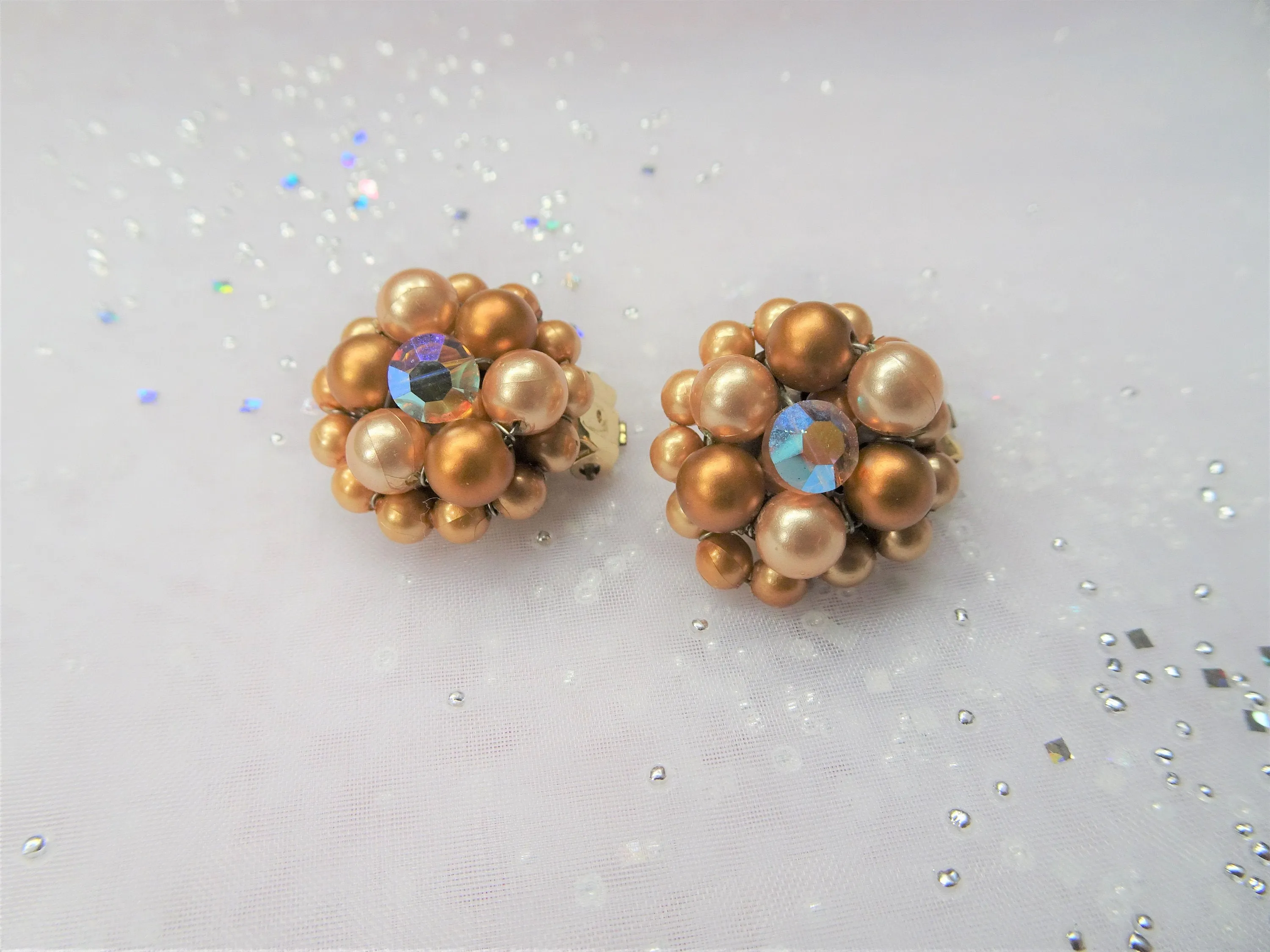 LOVELY 50s Earrings, Bronze Pearls and AB Crystal Rhinestones Earrings,Mid Century Clip On Earrings, Ear Clips,Vintage Collectible Jewelry