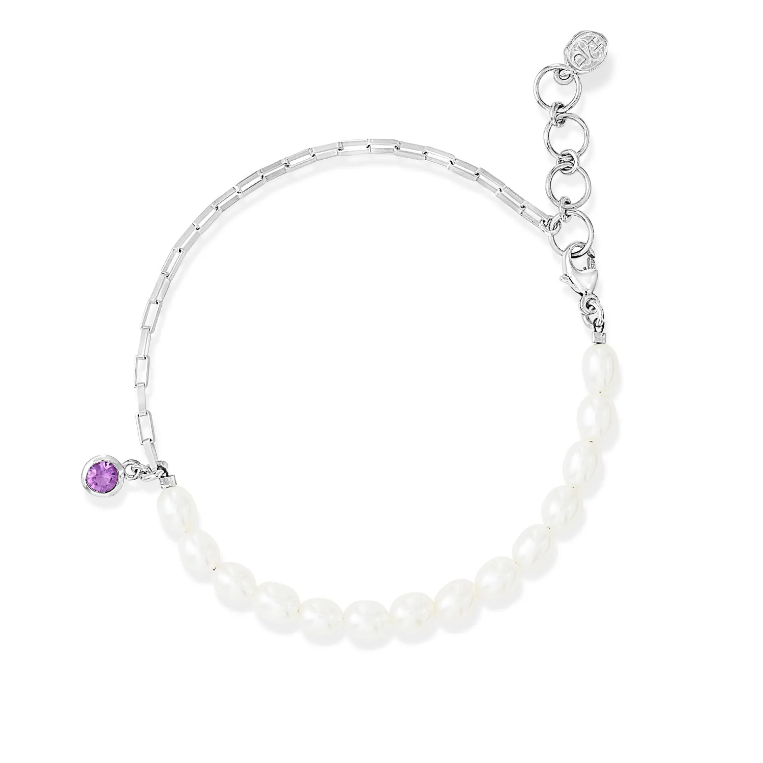 Luna White Pearl, Chain and Amethyst Drop Bracelet