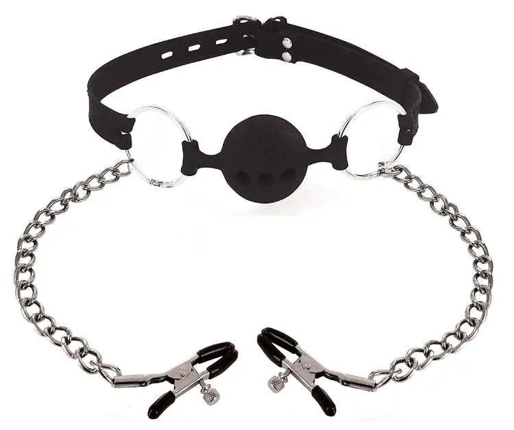 Master Series Ball Gag Silicone With Nipple Clamps