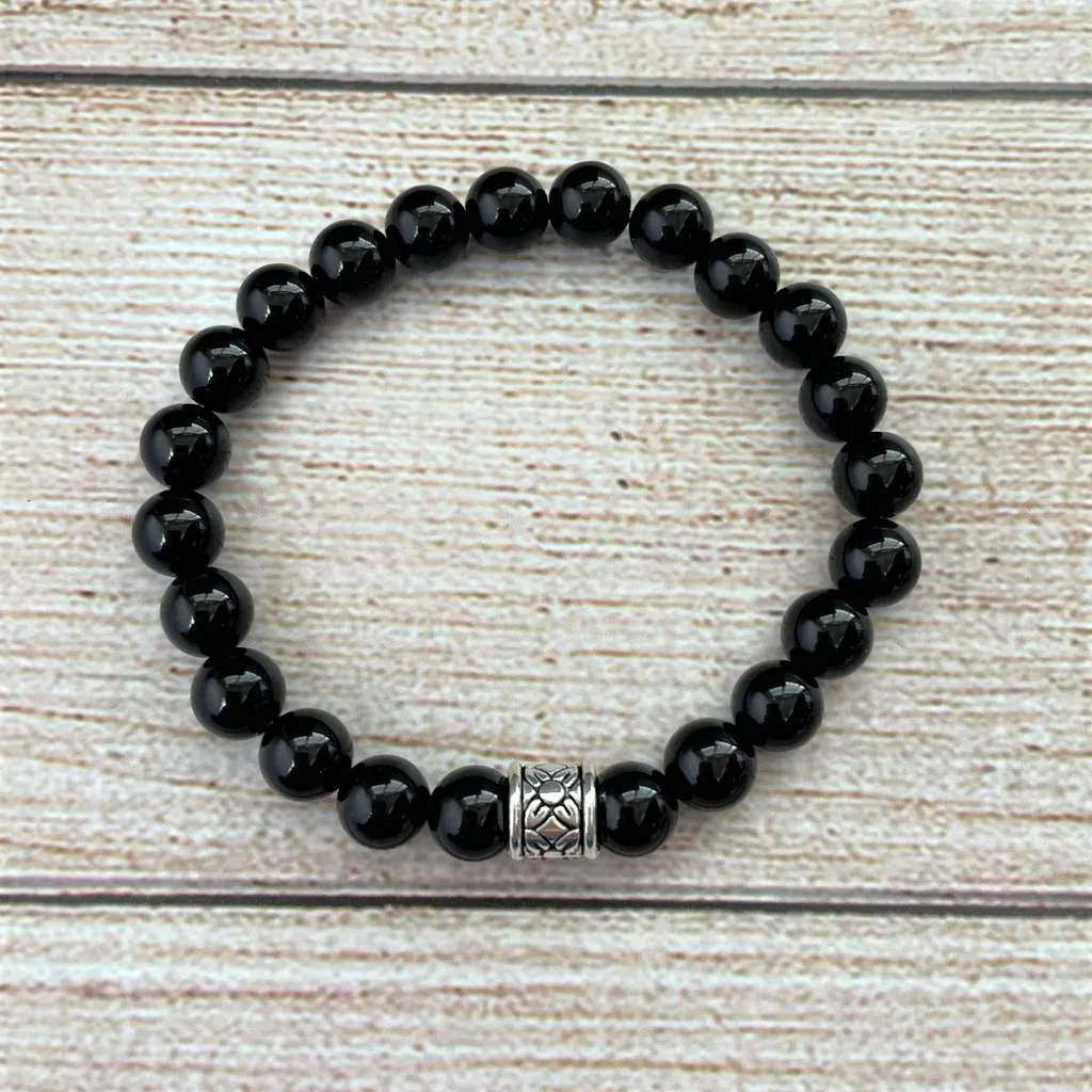 Mens Black Onyx Beaded Bracelet with Silver Center Bead