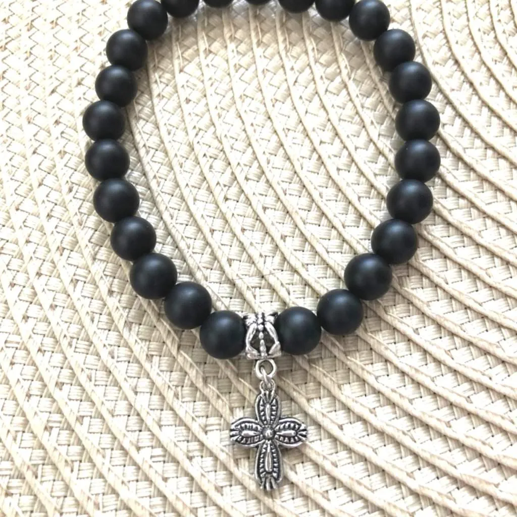 Mens Black Onyx Matte Beaded Bracelet with Silver Cross Charm