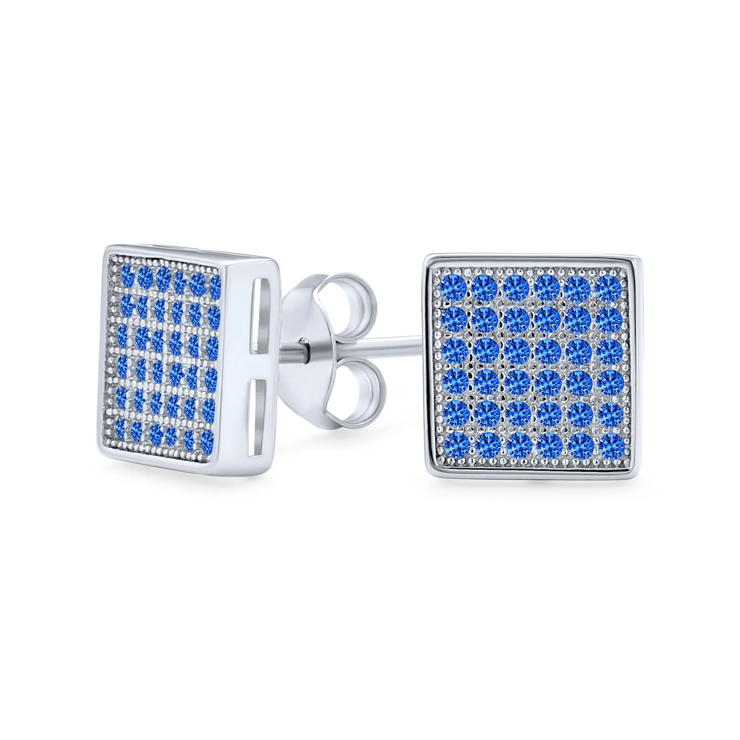 Mens Royal Blue Geometric CZ Stud Earrings in Sterling Silver for Men