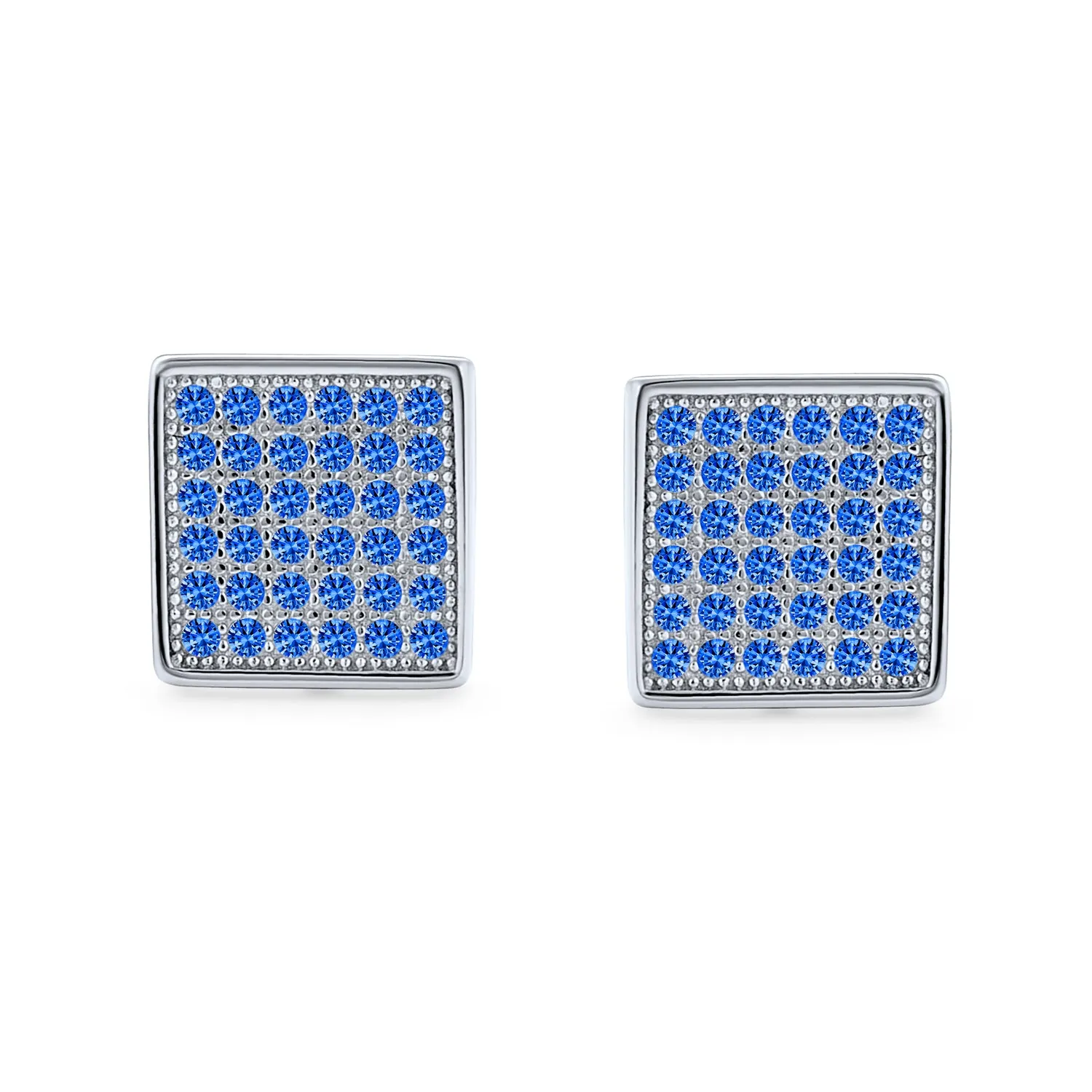 Mens Royal Blue Geometric CZ Stud Earrings in Sterling Silver for Men