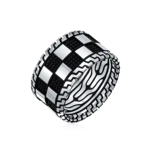 Mens Silver Ring Two Tone Black Geometric Check Board Chess Band .925 Silver