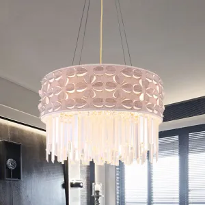 Minimal White Crystal Drum Chandelier - 4-Head Dining Room Pendant Lamp