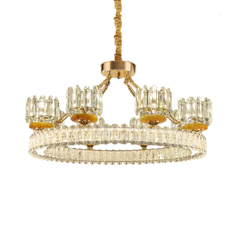 Modern Crystal Block Cylinder Chandelier with Gold Ring - 6/8 Bulb Ceiling Lamp for Living Room