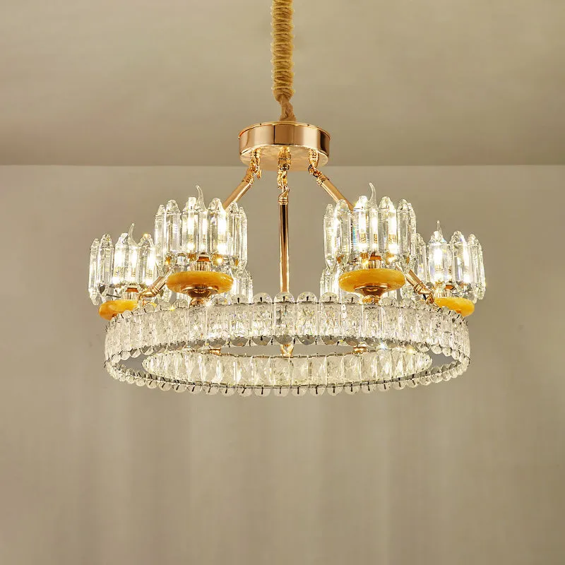 Modern Crystal Block Cylinder Chandelier with Gold Ring - 6/8 Bulb Ceiling Lamp for Living Room