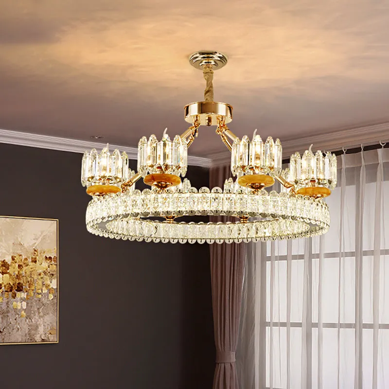 Modern Crystal Block Cylinder Chandelier with Gold Ring - 6/8 Bulb Ceiling Lamp for Living Room