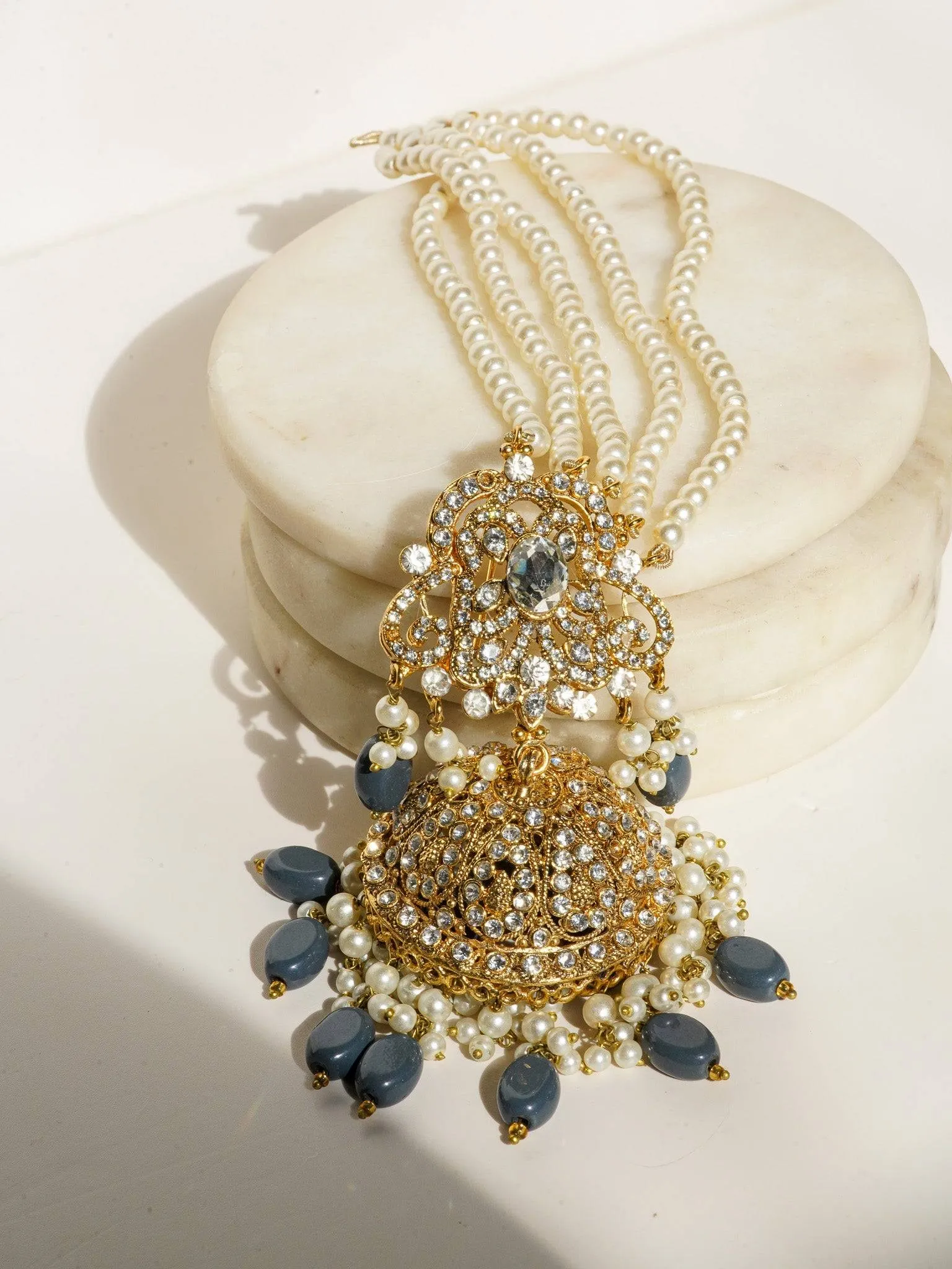 Nazanin - Gold Plated Steel Blue Gray Beading and Faux Pearl Full Bridal Set