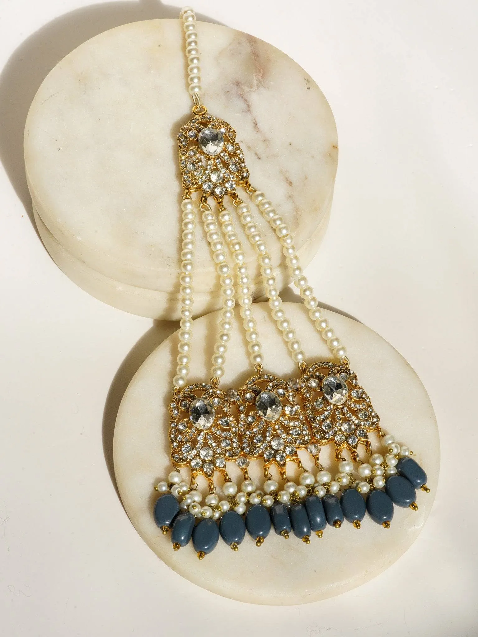 Nazanin - Gold Plated Steel Blue Gray Beading and Faux Pearl Full Bridal Set