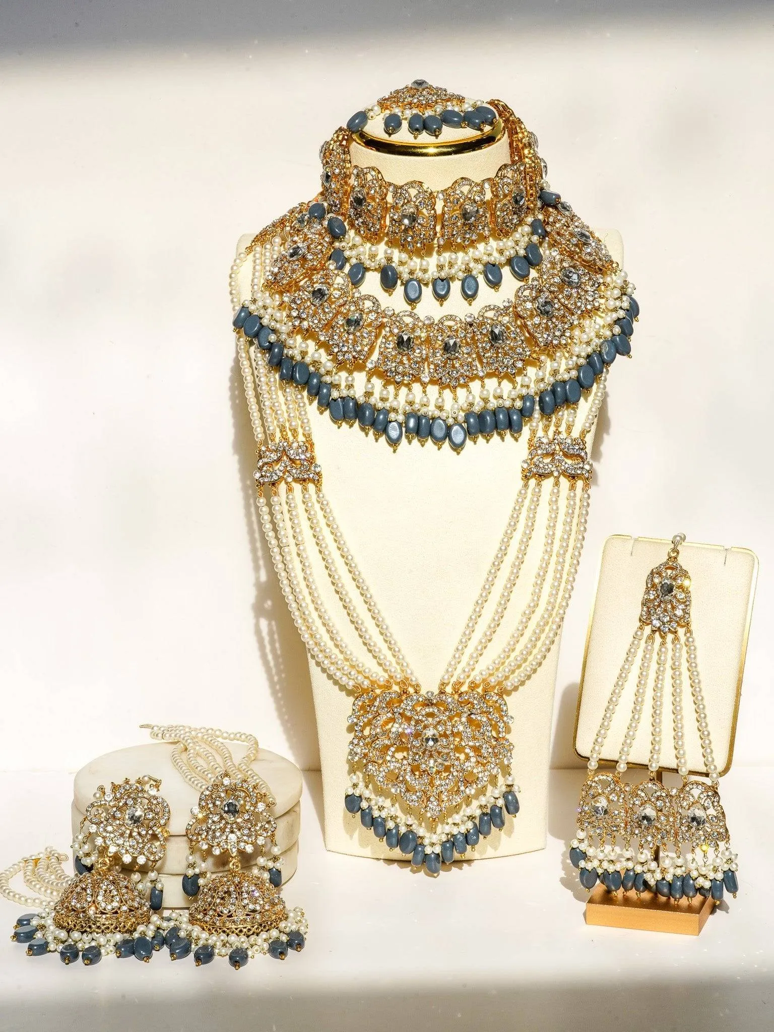 Nazanin - Gold Plated Steel Blue Gray Beading and Faux Pearl Full Bridal Set