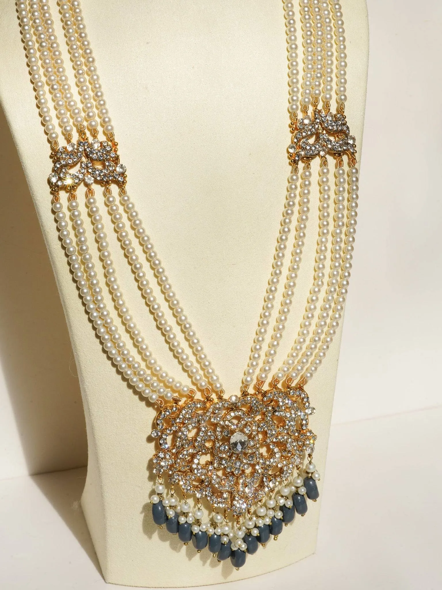 Nazanin - Gold Plated Steel Blue Gray Beading and Faux Pearl Full Bridal Set