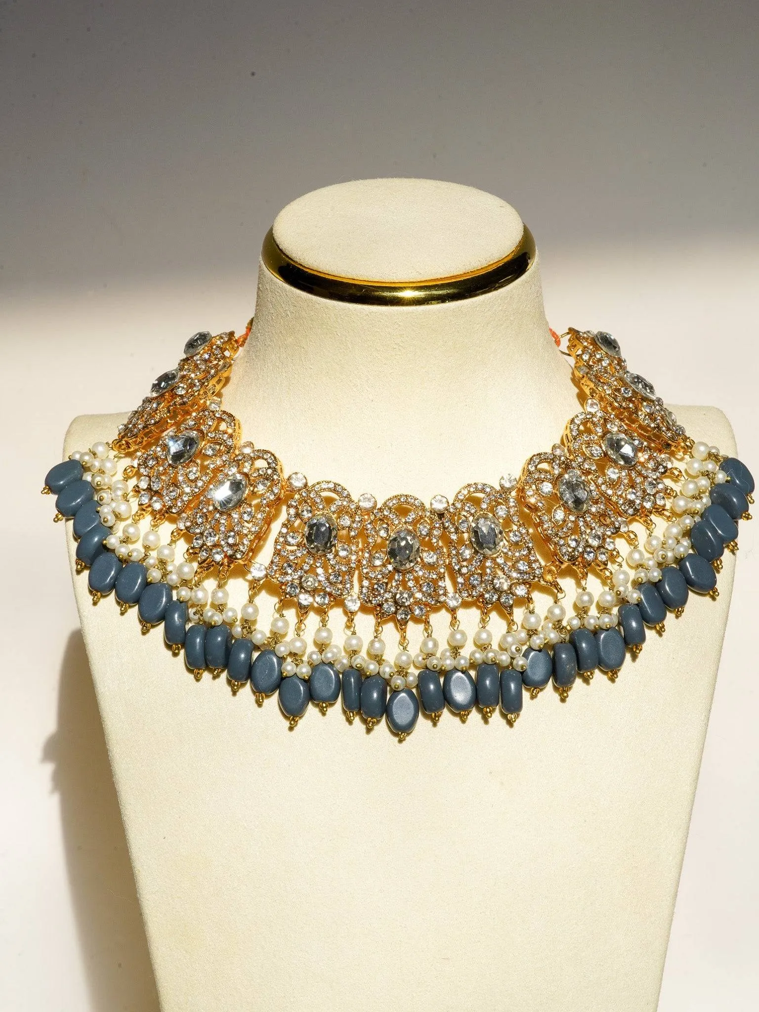 Nazanin - Gold Plated Steel Blue Gray Beading and Faux Pearl Full Bridal Set