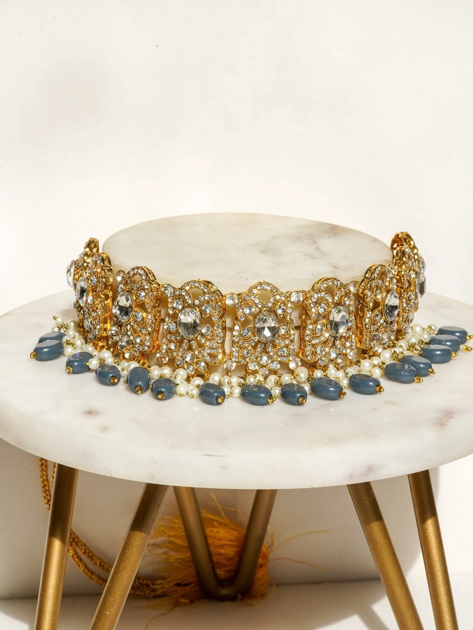 Nazanin - Gold Plated Steel Blue Gray Beading and Faux Pearl Full Bridal Set