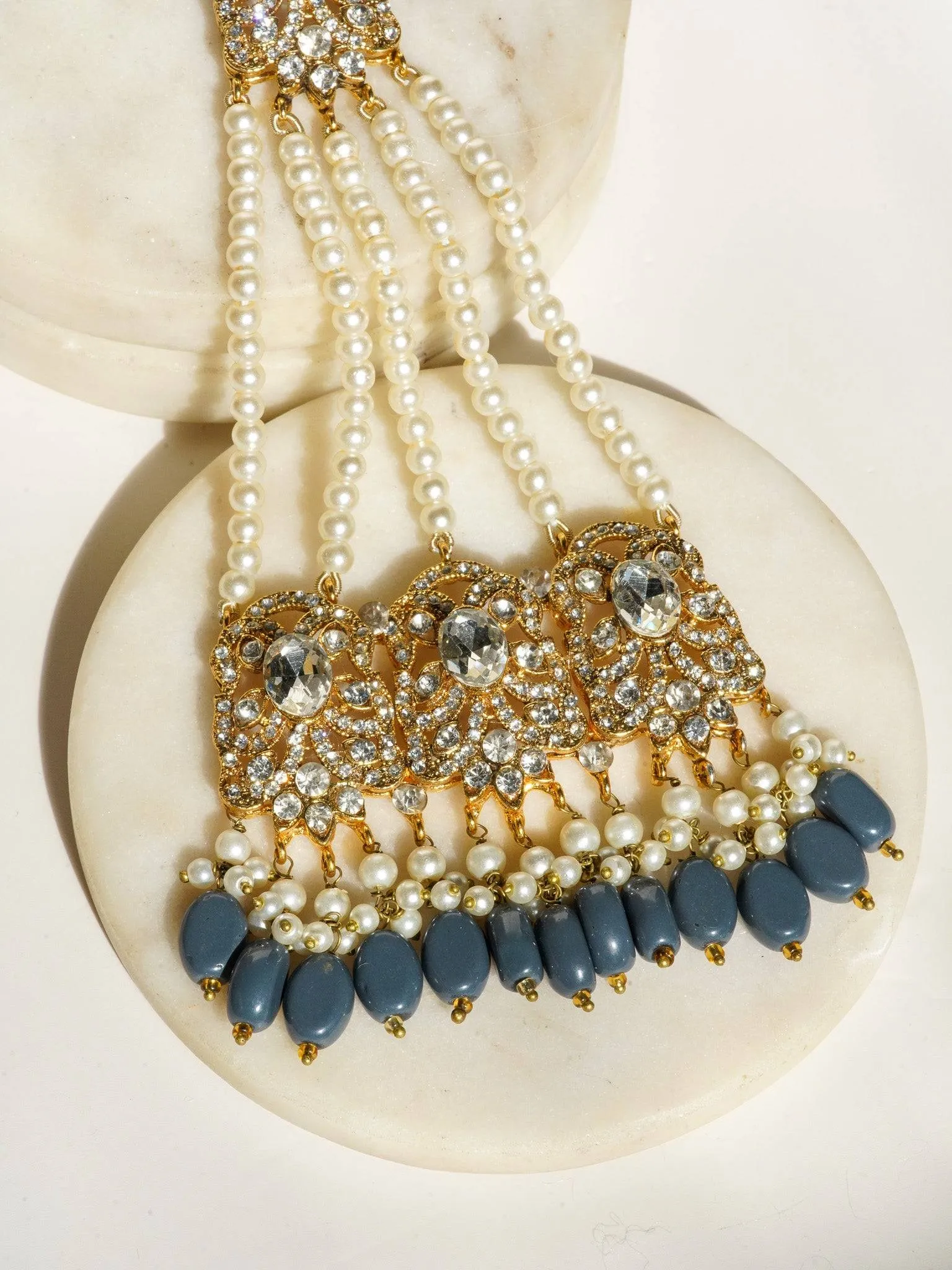 Nazanin - Gold Plated Steel Blue Gray Beading and Faux Pearl Full Bridal Set