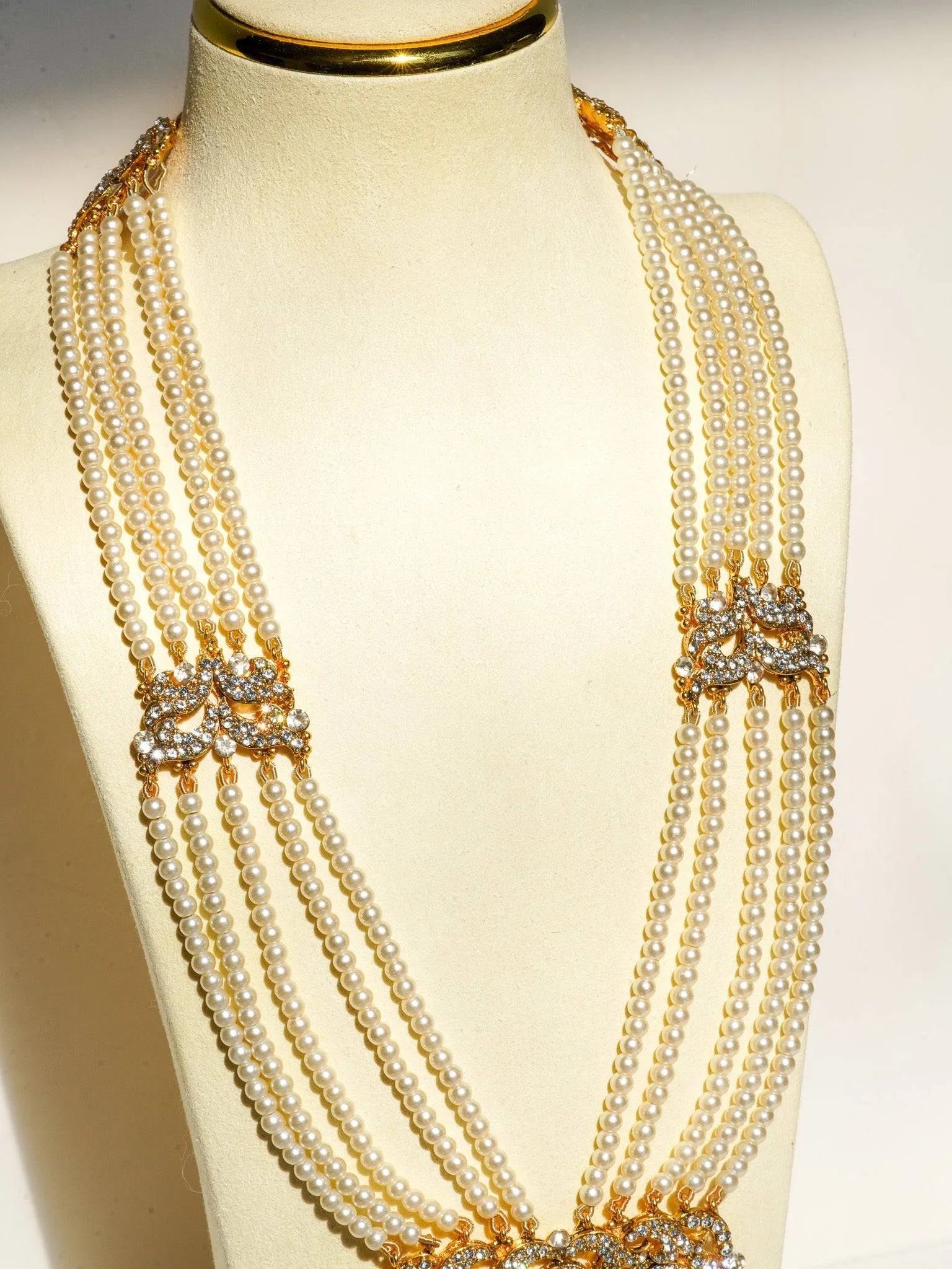 Nazanin - Gold Plated Steel Blue Gray Beading and Faux Pearl Full Bridal Set