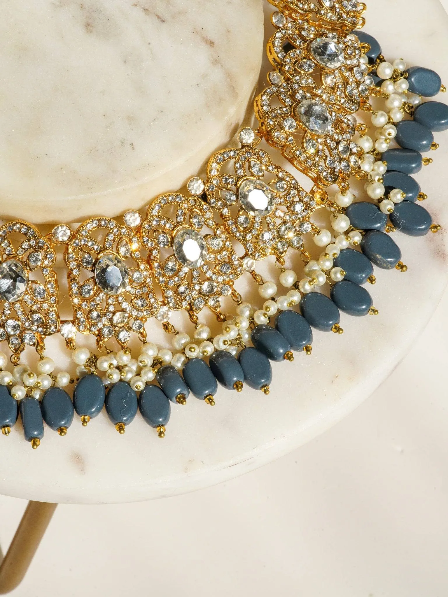 Nazanin - Gold Plated Steel Blue Gray Beading and Faux Pearl Full Bridal Set