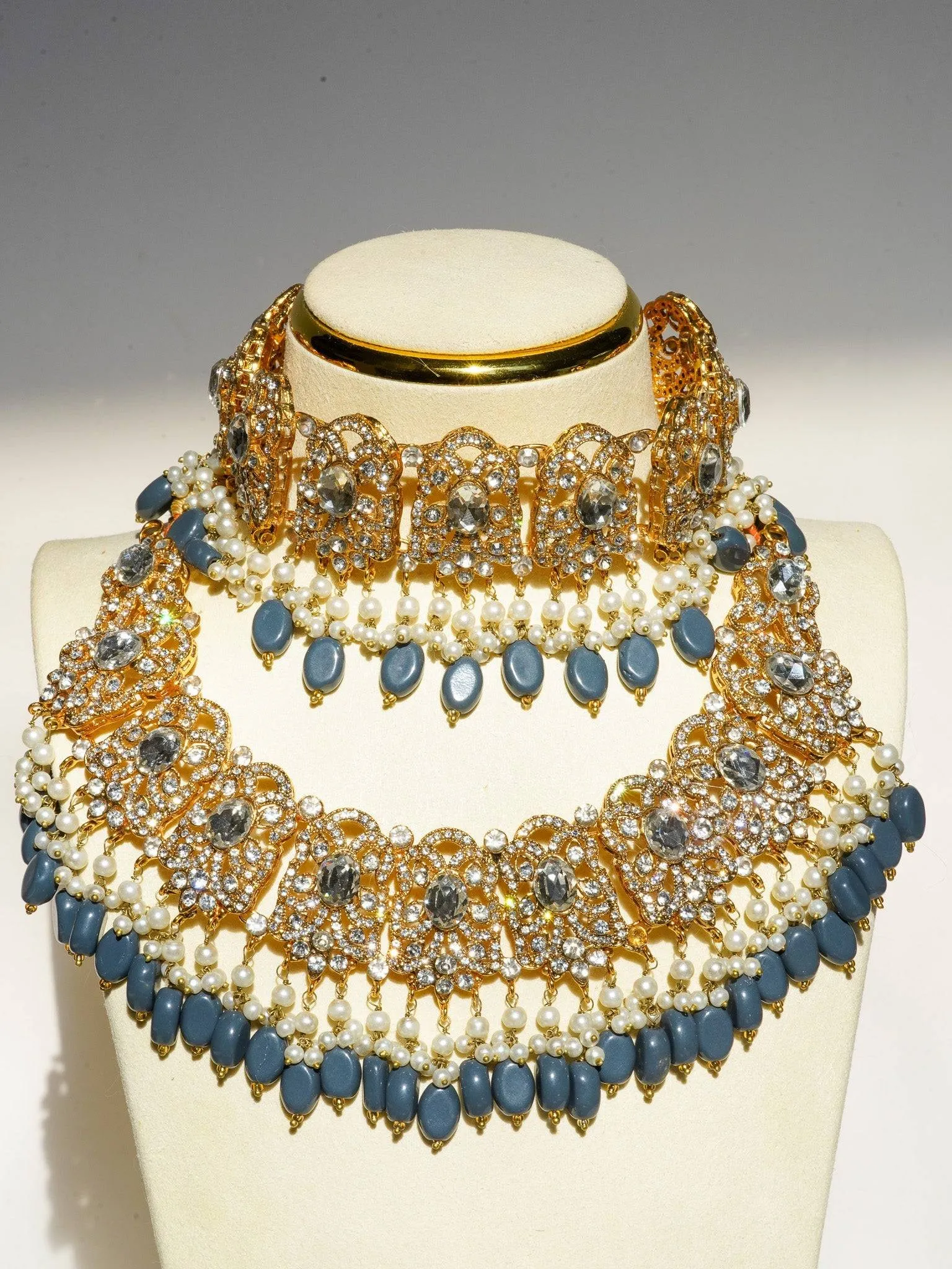 Nazanin - Gold Plated Steel Blue Gray Beading and Faux Pearl Full Bridal Set