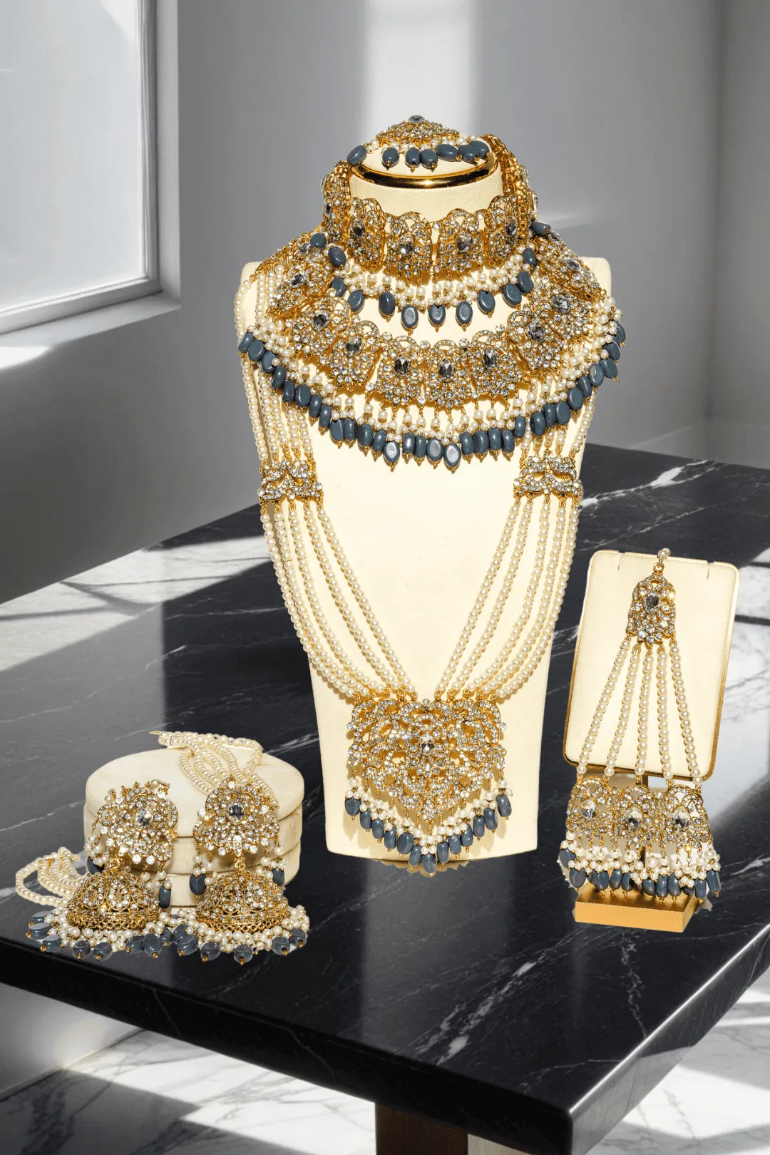 Nazanin - Gold Plated Steel Blue Gray Beading and Faux Pearl Full Bridal Set