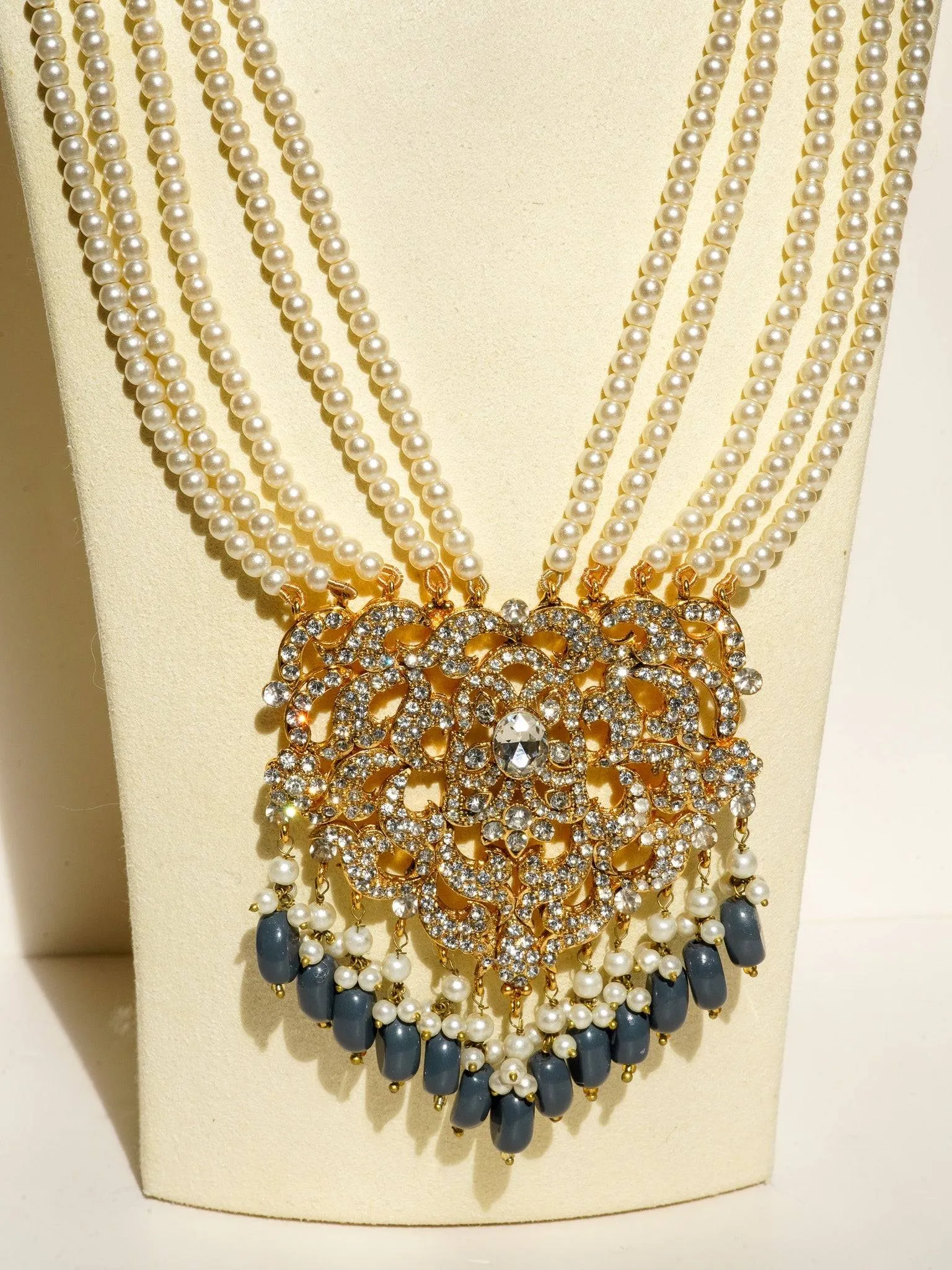 Nazanin - Gold Plated Steel Blue Gray Beading and Faux Pearl Full Bridal Set