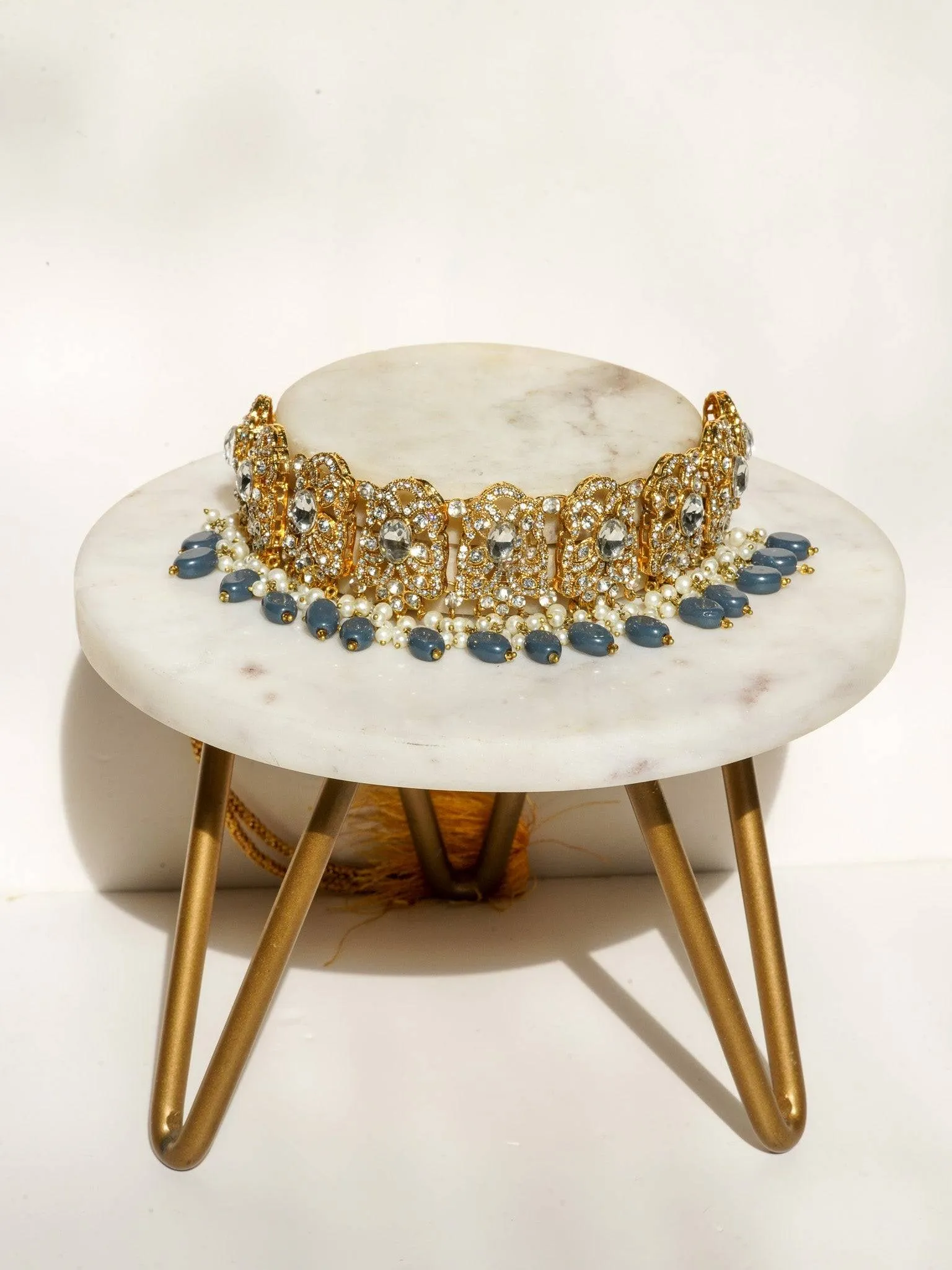 Nazanin - Gold Plated Steel Blue Gray Beading and Faux Pearl Full Bridal Set