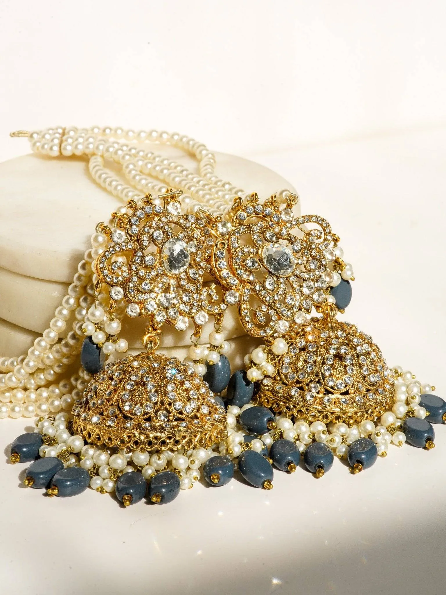 Nazanin - Gold Plated Steel Blue Gray Beading and Faux Pearl Full Bridal Set