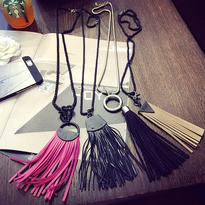 New Style Leather Pendant Black Long Tassel Multi Layer Necklace Gold for Women Jewelry