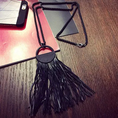 New Style Leather Pendant Black Long Tassel Multi Layer Necklace Gold for Women Jewelry