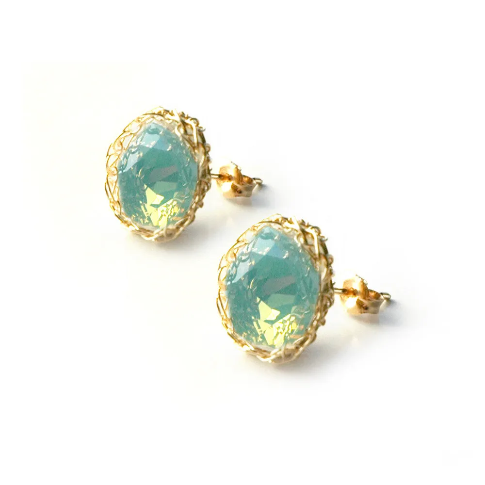 Ocean green post earrings , wire crochet gold filed mint green earrings