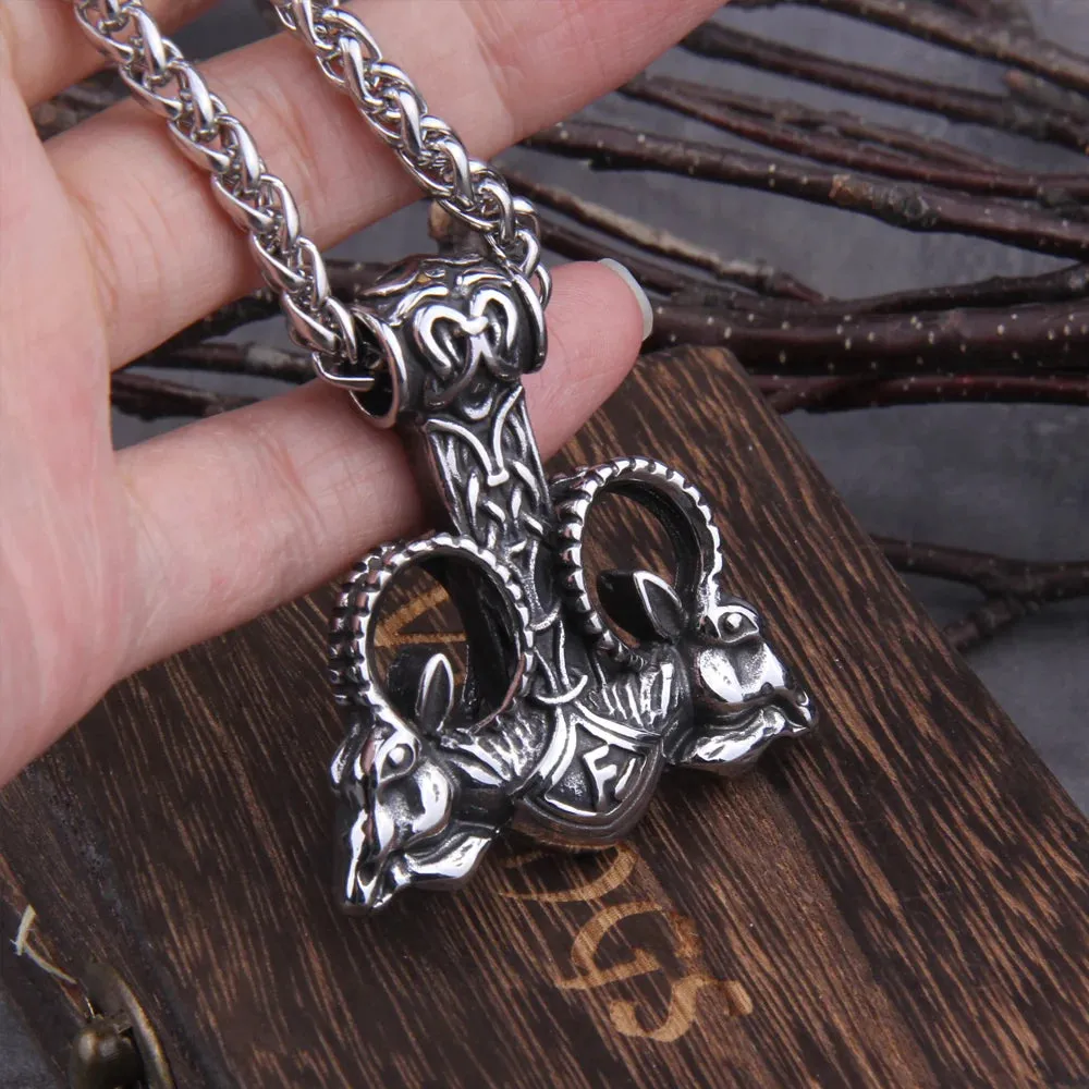 Odin Goat Thor Hammer With Rune Viking Necklace