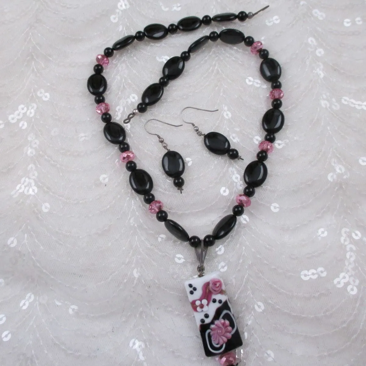 Onyx Necklace with Handmade Black & Pink Pendant