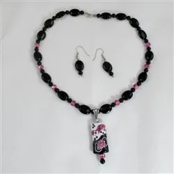 Onyx Necklace with Handmade Black & Pink Pendant