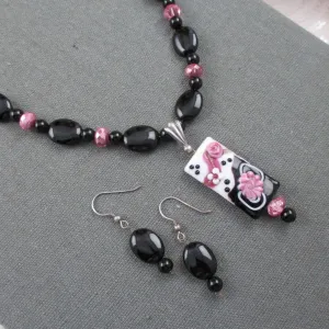 Onyx Necklace with Handmade Black & Pink Pendant