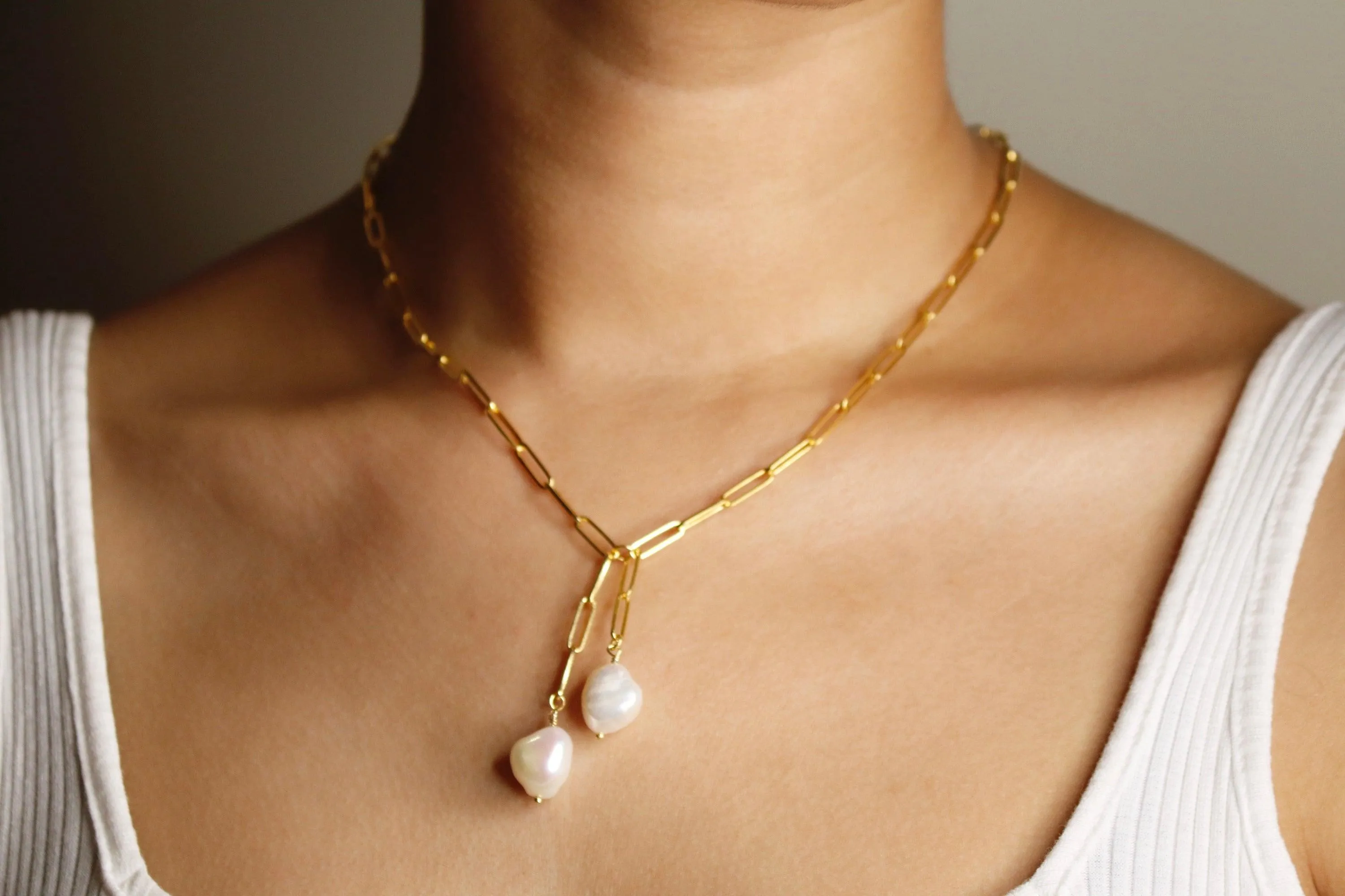 Paper Clip Baroque Pearl Necklace| 925 Silver| Gold Plated - From Purl